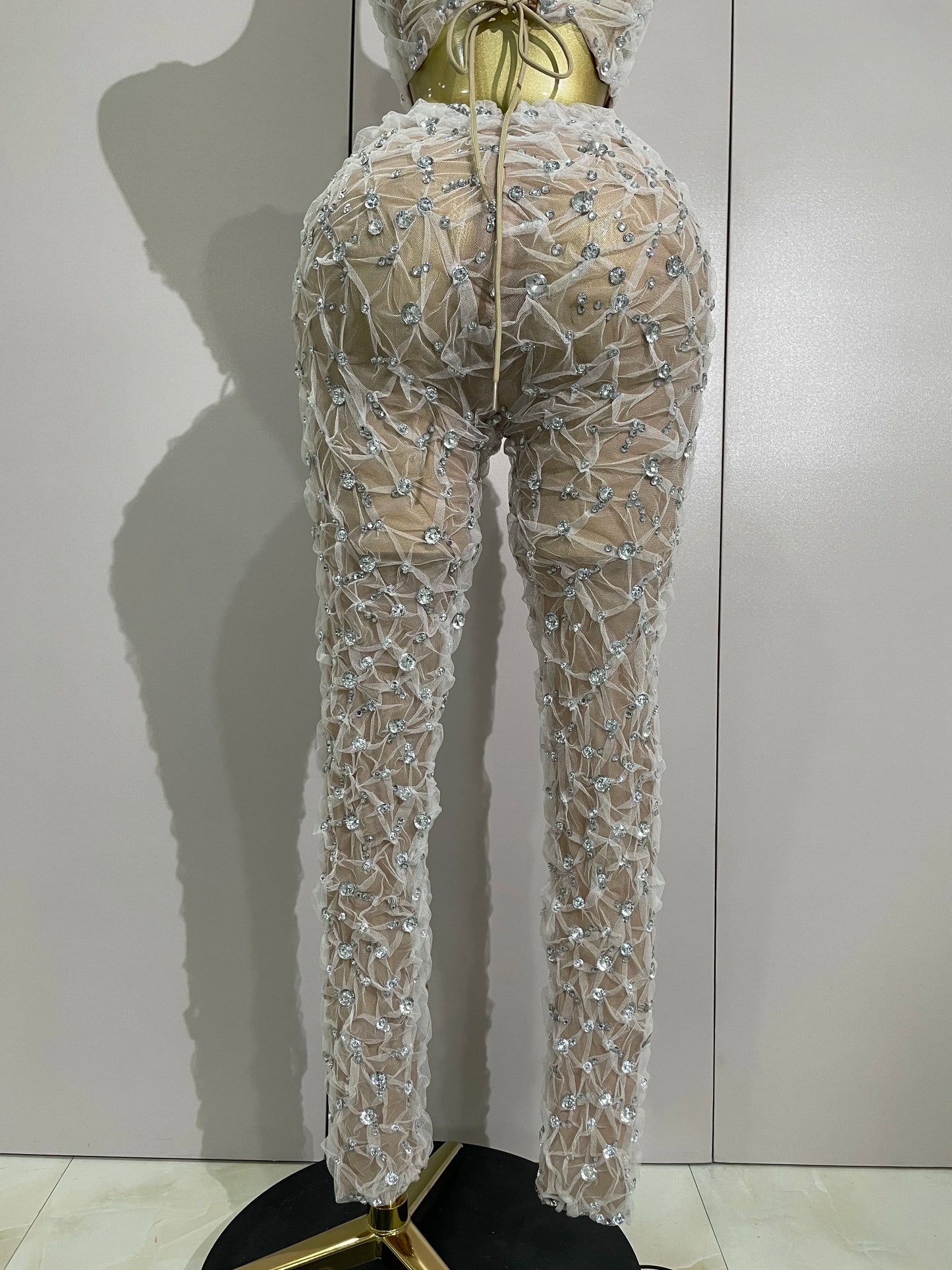 Sexy Sparkly Diamonds Splicing Lace Halter Top+Long Pants Two Piece Set Women Celebrate Birthday Dancer Nightclub Stage Costume