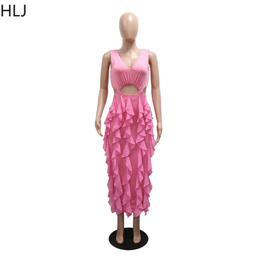 Summer New Sexy Hollow Out Bodycon Long Dress Women Deep V-neck Tassel