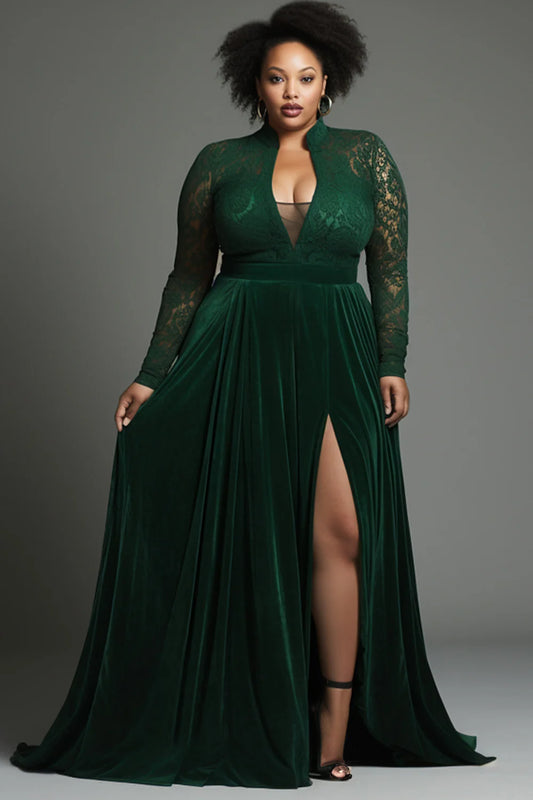 Emerald Green V Neck Long Sleeve Split See Through Lace Velvet Maxi Dress