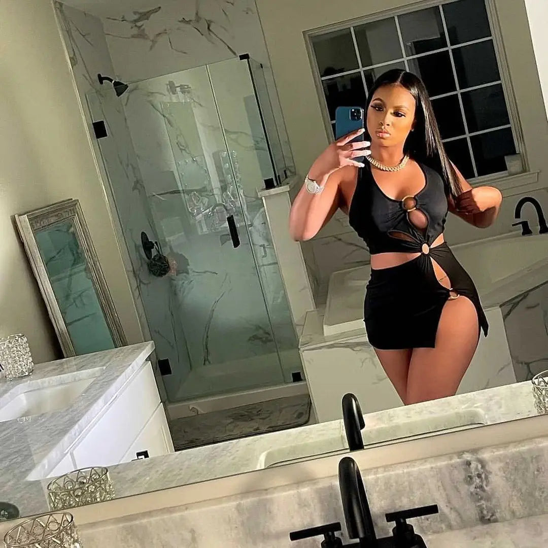 Silk solid color short skirt sexy sleeveless hollow out dress