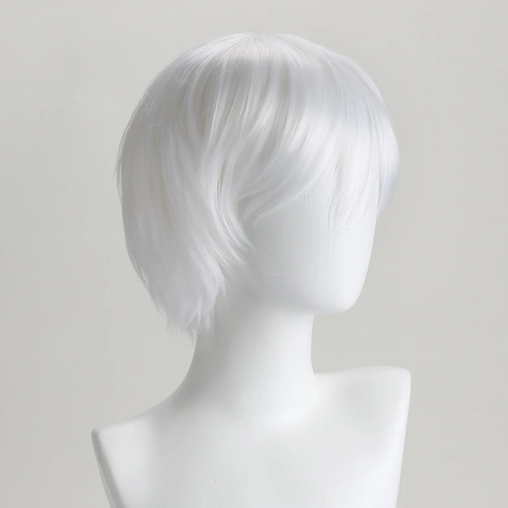 10 Inch Synthetic Wigs Pure White Short Curly Wig Anime Hatter for Cosplay Halloween Costume Party
