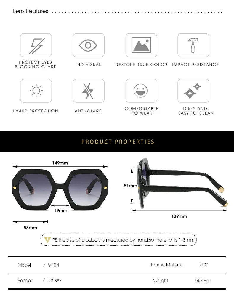 KAMMPT Oversized Men Sunglasses Fashion Hexagon Frame Gradient Shades Eyewear Women 2023 Trendy Ins Popular Brand Sun Glasses