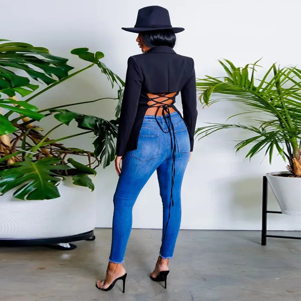 Women Suit Coat Single Button Lapel Deep V Neck Blazer Solid Color Formal Business