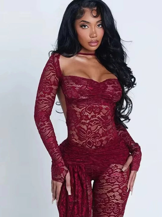 Sexy 2Piece Set Woman Patchwork Jacquard Low-Neck Backless Full Sleeve Bodysuits