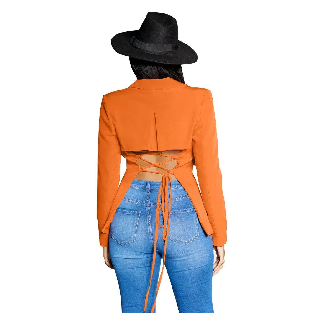 Women Suit Coat Single Button Lapel Deep V Neck Blazer Solid Color Formal Business