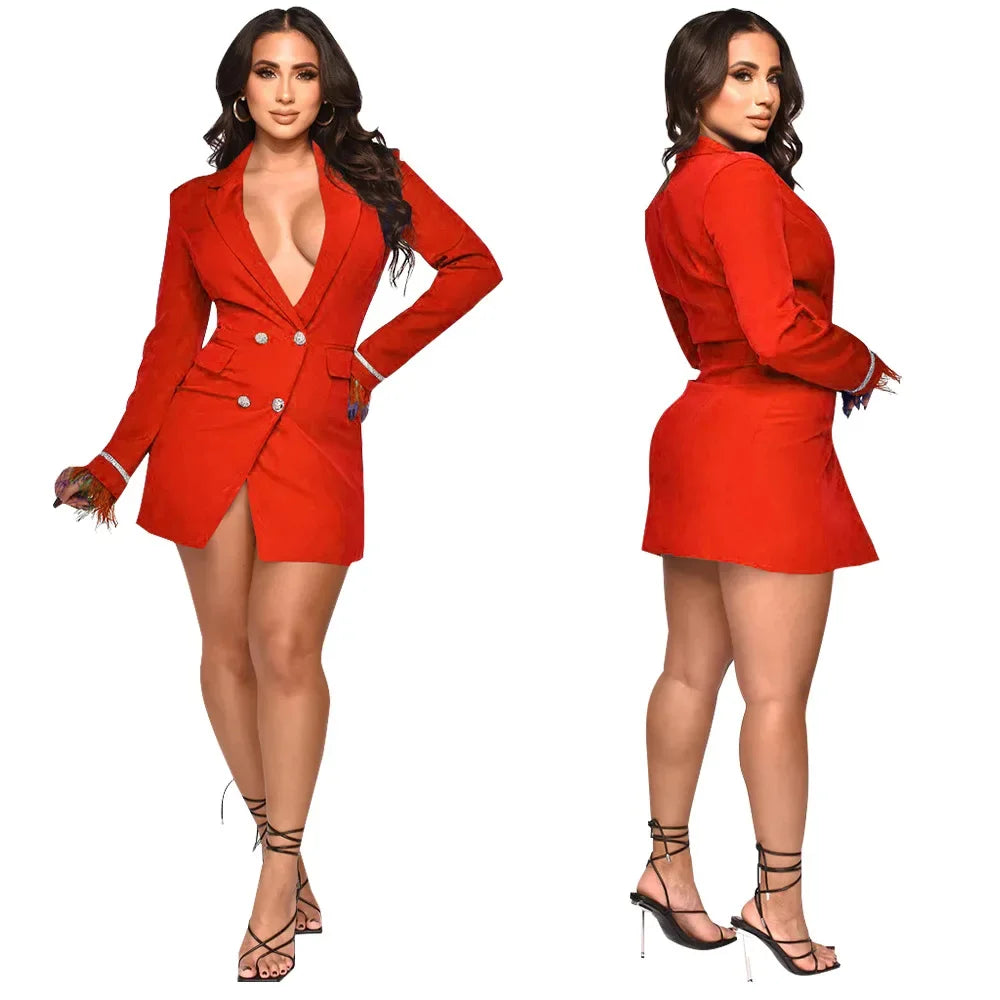 Women Blazer 2024 Spring Slim V Collar Long Sleeve Elegant Female Suit Double