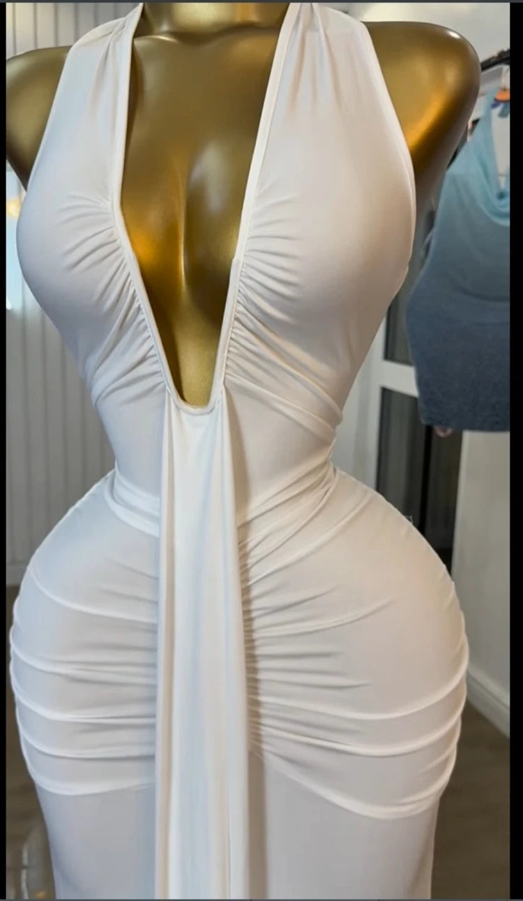 CM.YAYA Women Halter V-neck Stacked Backless Bodycon Midi Maxi Long Dress