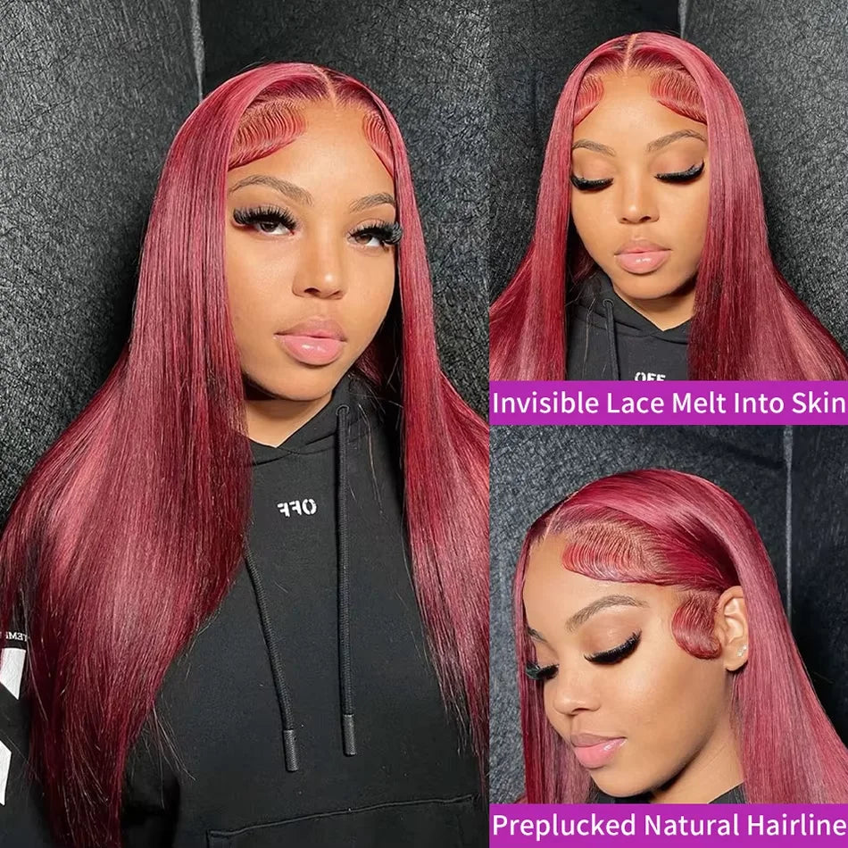 13x6 Red Straight HD Lace Front Wig Pre-Plucked Glueless Long Straight 99j Burgundy Synthetic Lace Front Wigs For Black Women