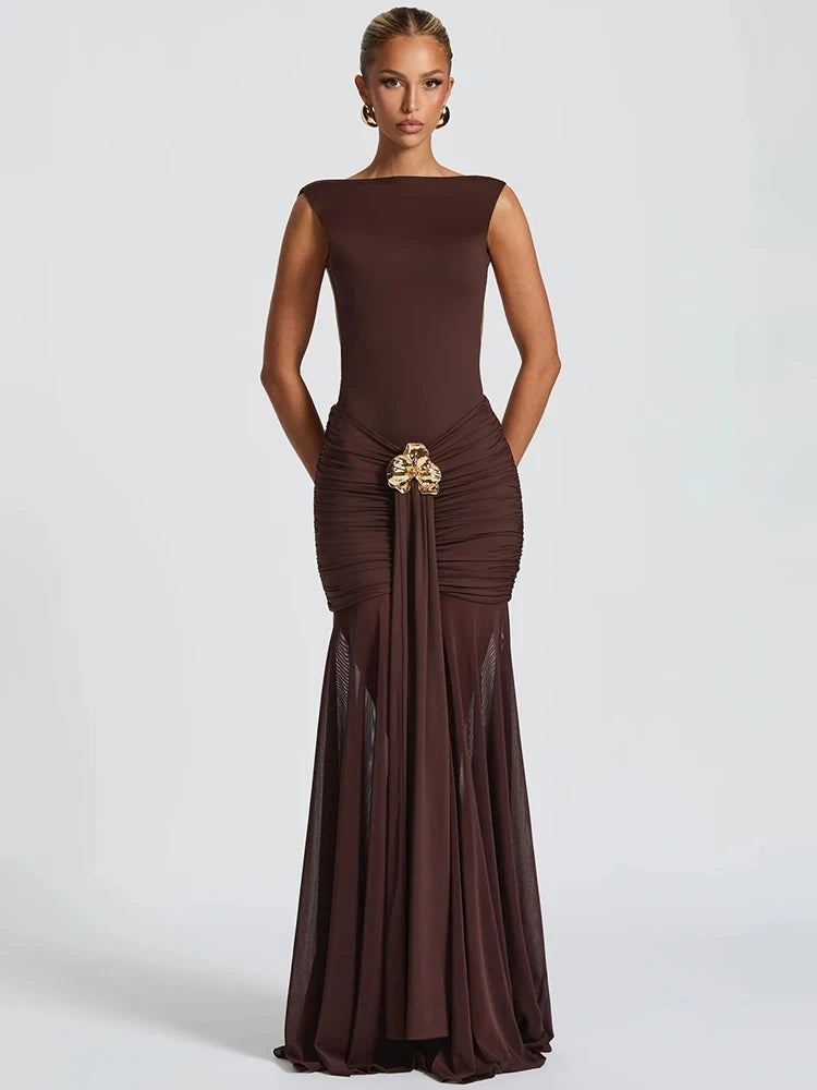 Mozision Metal Flower Backless Ruched Sexy Maxi Dress Women Gown Fashion Sleeveless Backless Bodycon Club Party Dress Elegant