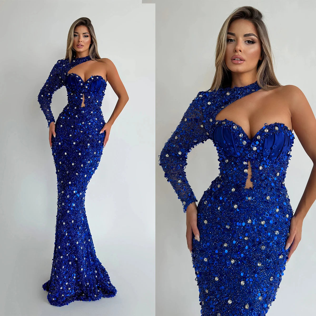 Modern Rhinestone Evening Dresses Mermaid One Shoulder Prom Dresses Long Sleeves Illusion Slim Customized Vestidos De Noche