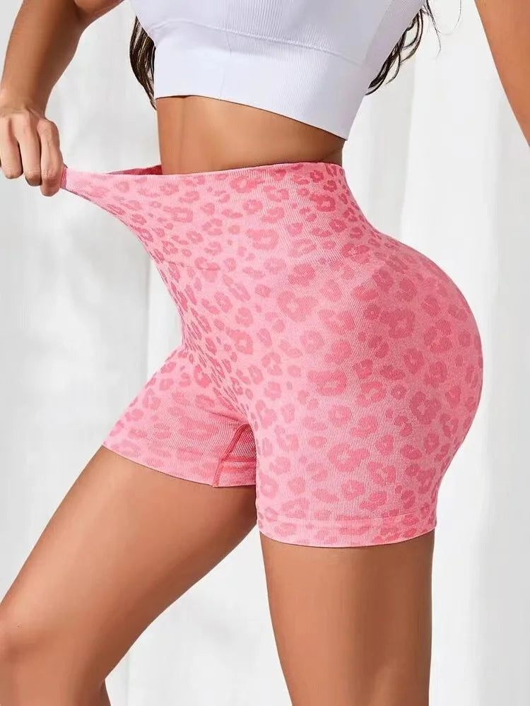Leopard Print Pleated High Waisted and Hip Lifting Yoga Shorts for Women