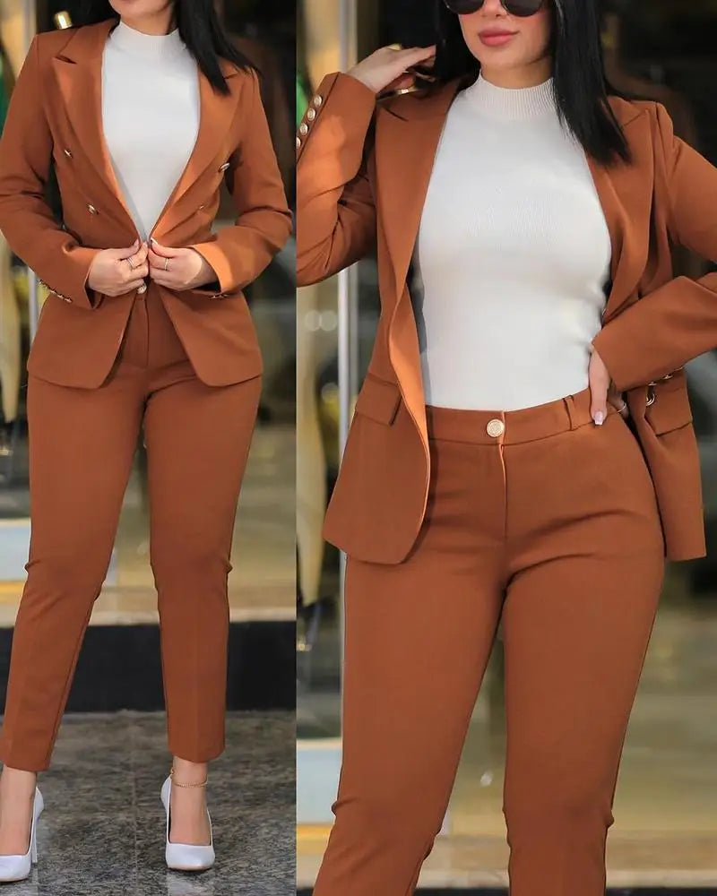 Sets for Women 2 Pieces Autumn Fashion Notched Neck Long Sleeve Blazer & Elegant High Waist Work Pants Set Office Lady
