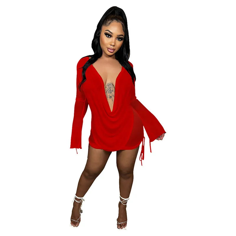 Sexy Mesh Deep V Elastic Dress Halter Elegant Chic Vintage Mini