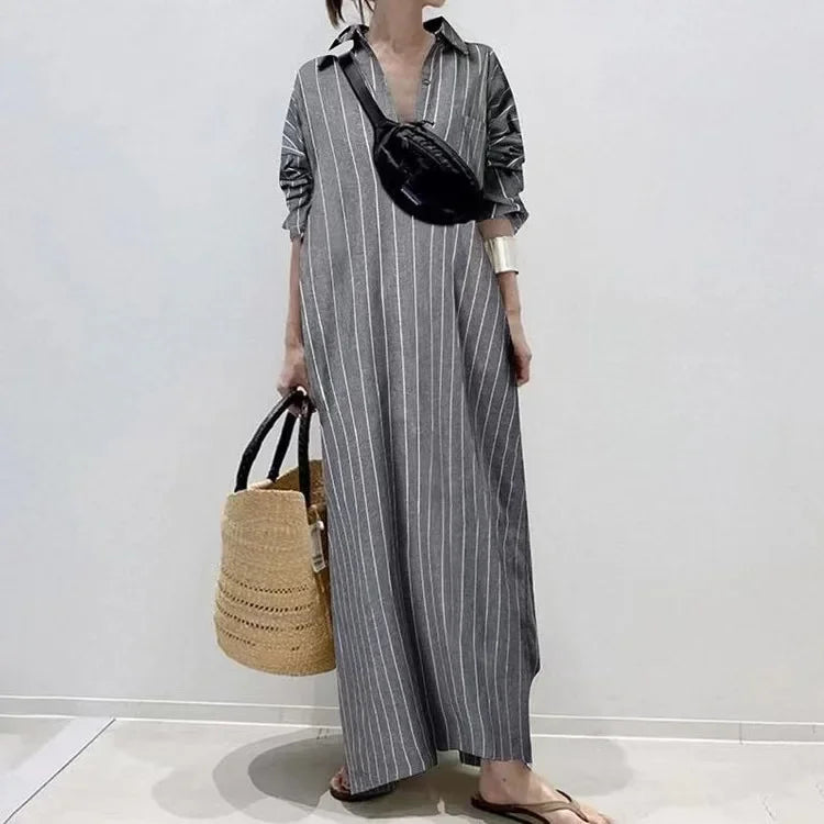 Summer New Women's Robe Fashion Stripe Single Breasted Shirt Loose Casual Style Elegant Women's Cotton and Hemp Long Dress