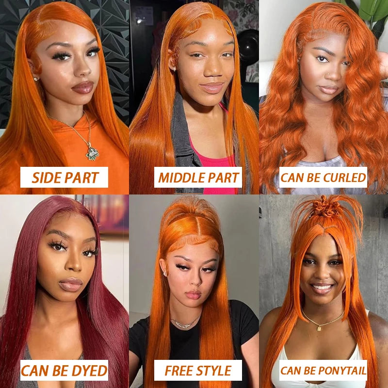 13x6 Orange Ginger Bone Straight Lace Front Wigs Human Hair 38 Inch Transparent 13x4 Lace Frontal Wig Pre Plucked For Women