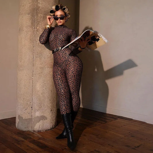 Women Sexy Leopard See Through Mesh Skinny Jumpsuits Turtleneck Long Sleeve Peach Hips Slim Night Party Club Overalls