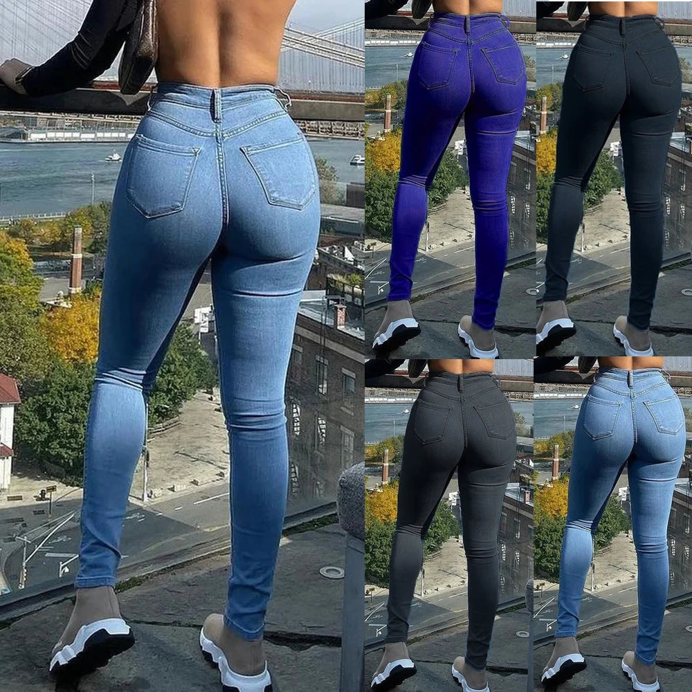 Stretch Skinny Denim Women's Jeans Mid Waist Pants Blue Retro Washed Elastic Slim Pencil