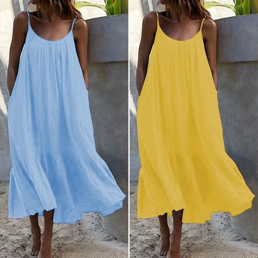 Summer Dress Beach Vacation Wear For Women Casual Sling Solid Color Sleeveless U-neck Loose Ruffles A-line Short Dress