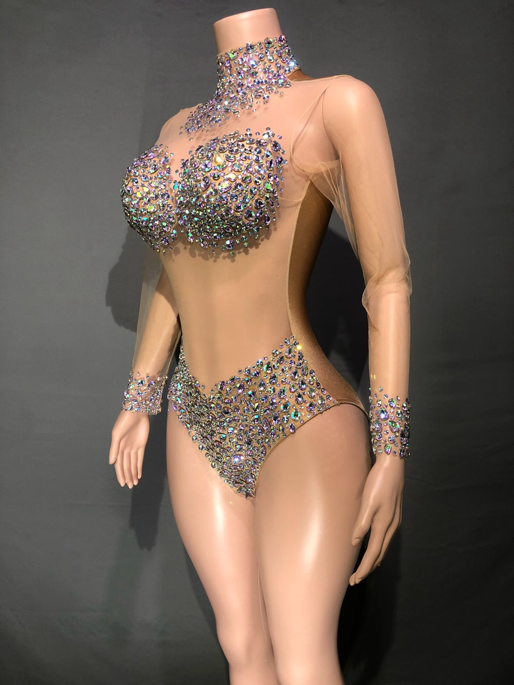Sparkly AB Rhinestones Bodysuit Sexy Mesh See Through Dance Costume Performance Leotard Women Nightclub Outfit Dancer Stage Wear