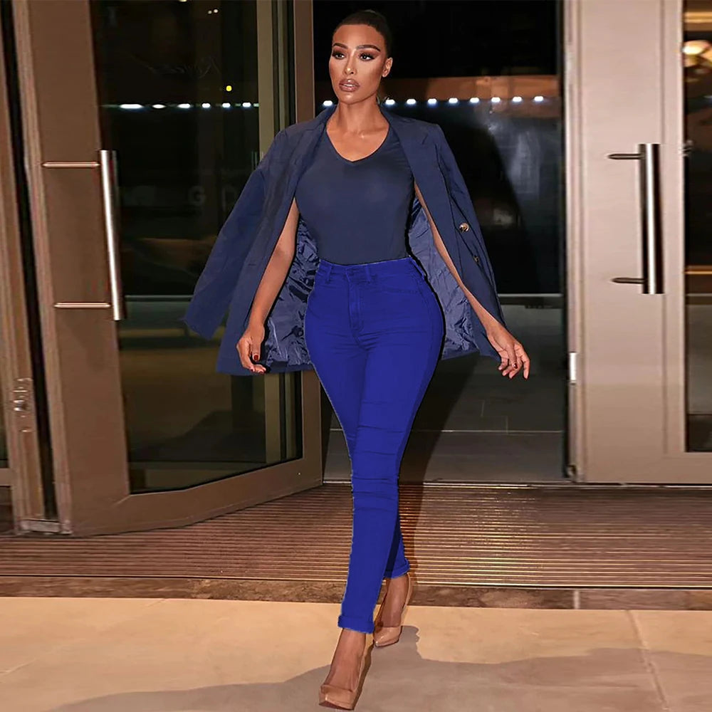 Stretch Skinny Denim Women's Jeans Mid Waist Pants Blue Retro Washed Elastic Slim Pencil