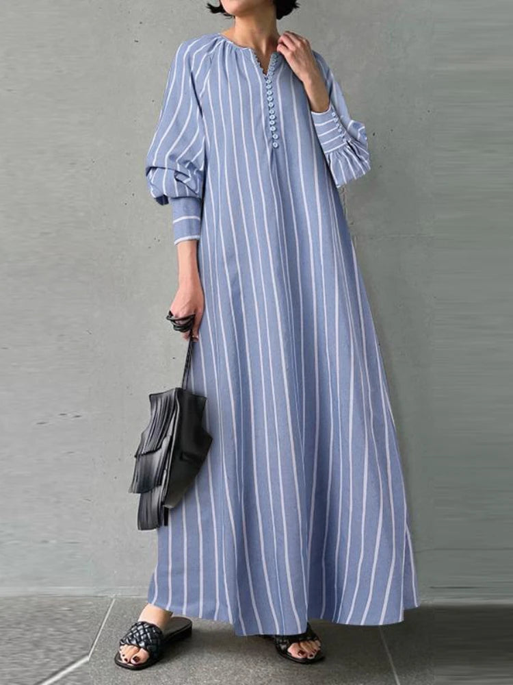 Women's 2024 Cotton Linen Stripe Round Neck Long Sleeve Simple Loose Long Pullover Dress Vintage Elegant Women's Dress Robe