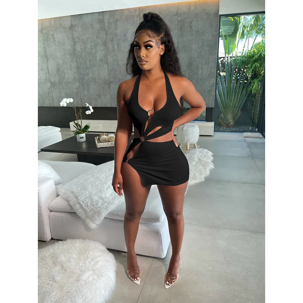 Silk solid color short skirt sexy sleeveless hollow out dress