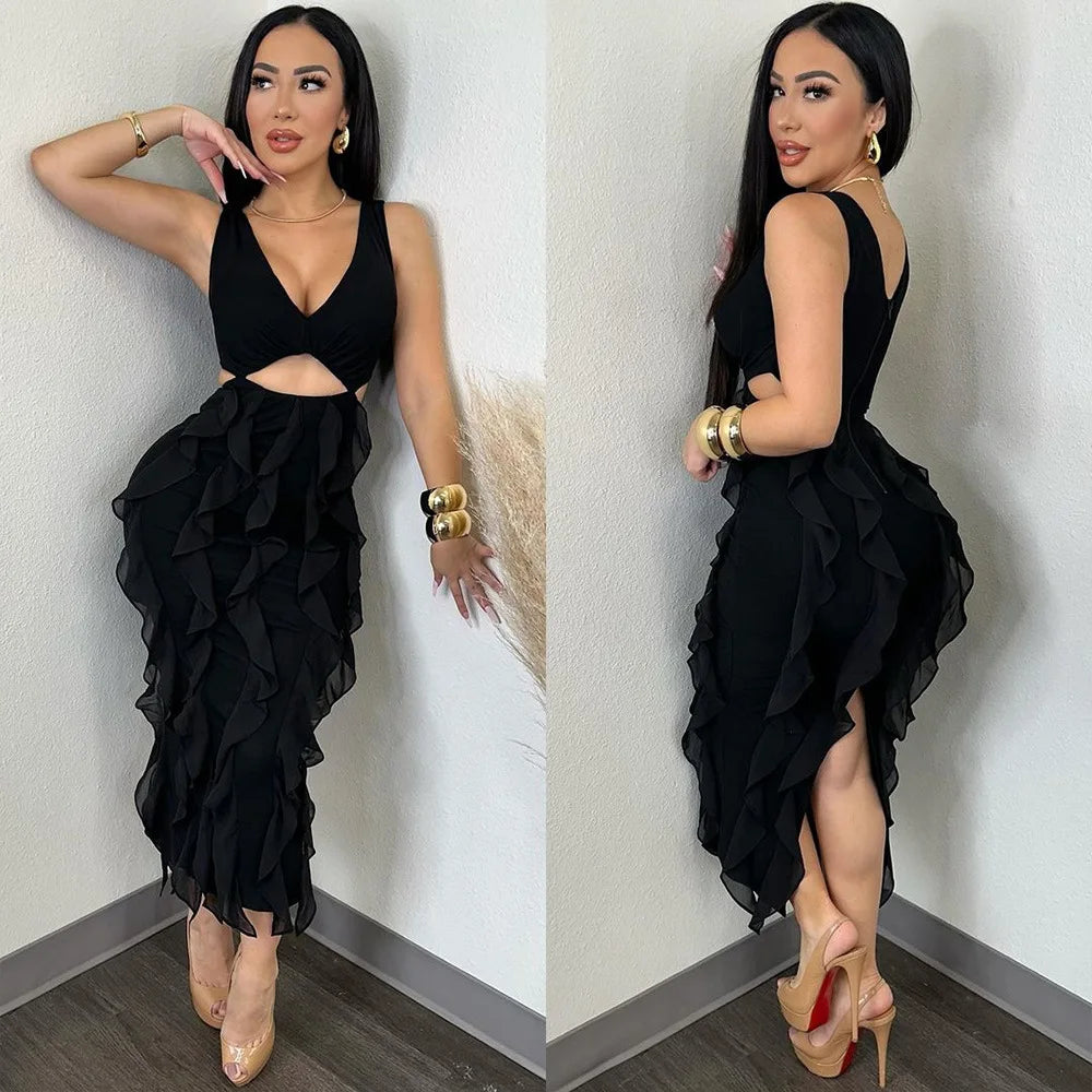 Summer New Sexy Hollow Out Bodycon Long Dress Women Deep V-neck Tassel