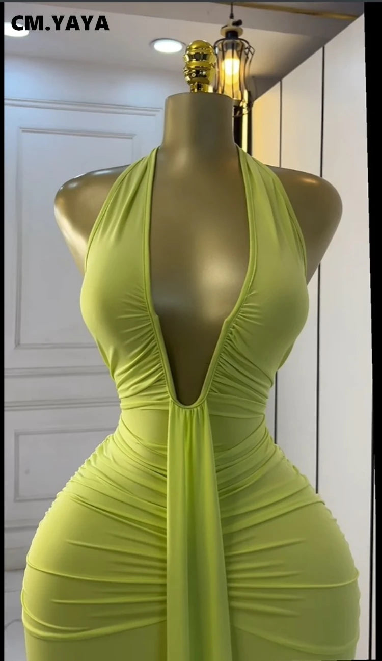 CM.YAYA Women Halter V-neck Stacked Backless Bodycon Midi Maxi Long Dress