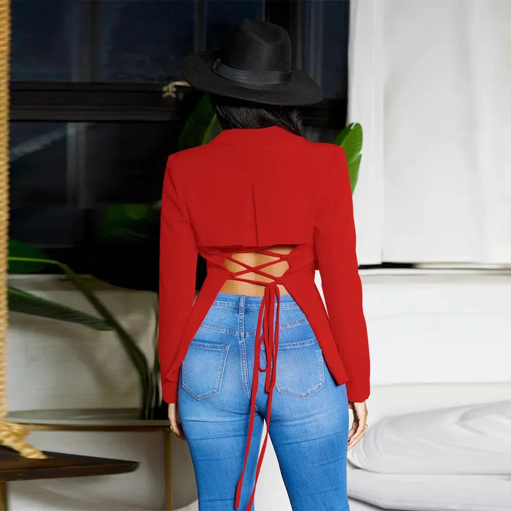 Women Suit Coat Single Button Lapel Deep V Neck Blazer Solid Color Formal Business