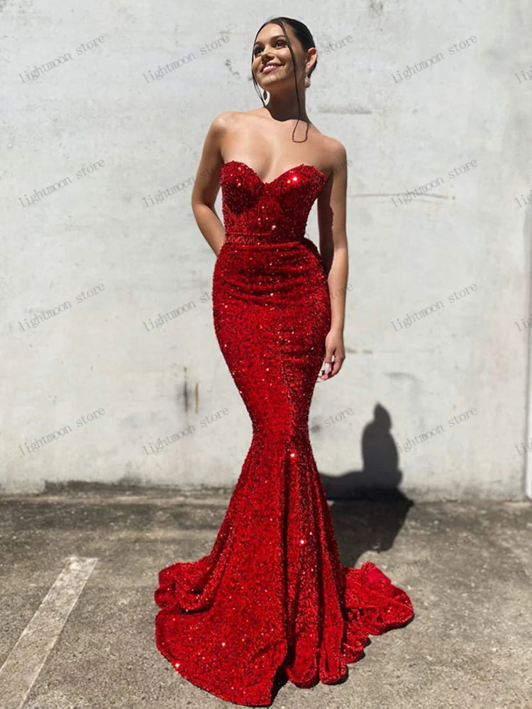 Glitter Evening Dresses Sexy Prom Dress Strapless Backless Sheath Mermaid Sequin Appliques Floor Length Vestidos De Noche 2024