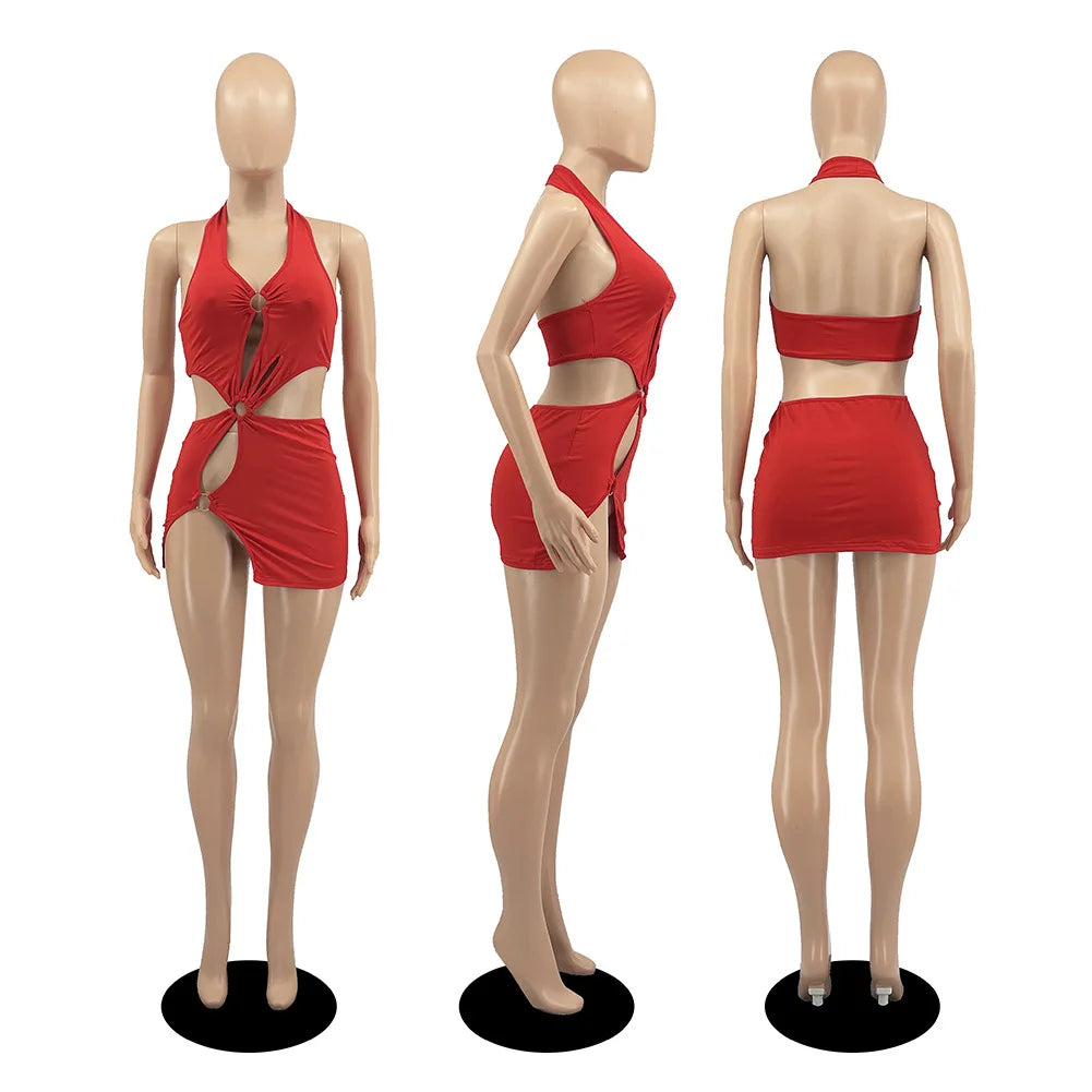 Silk solid color short skirt sexy sleeveless hollow out dress