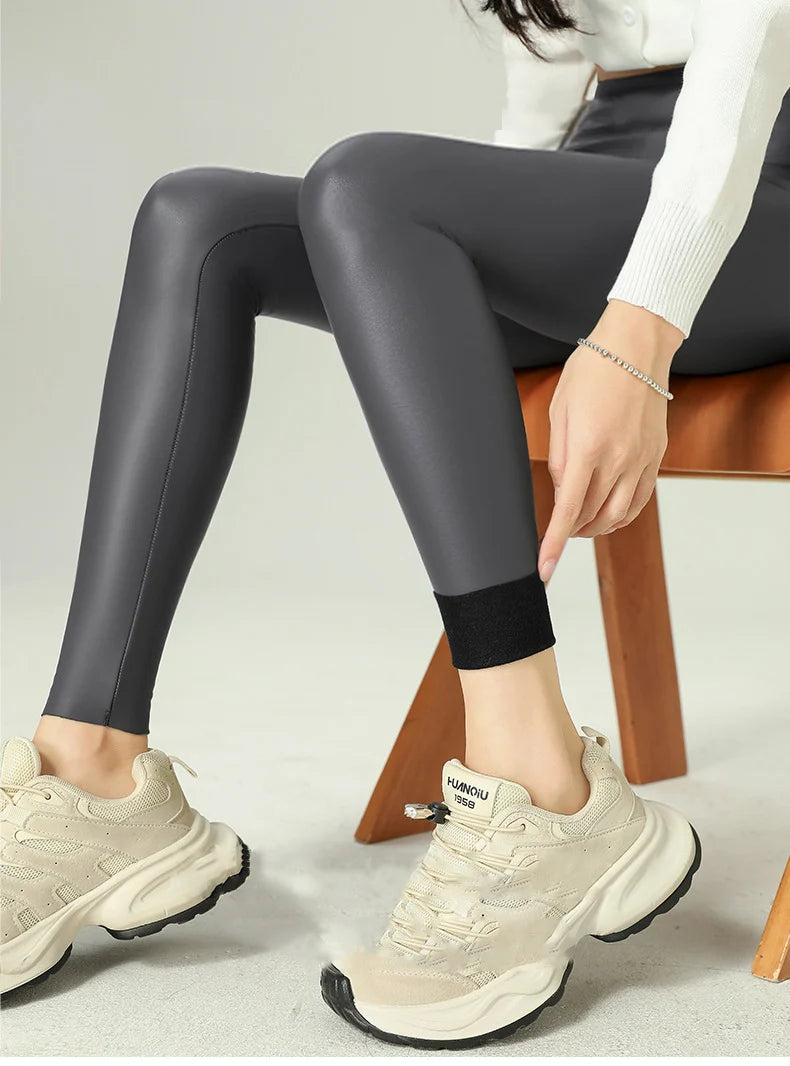 BIVIGAOS 2025 Fall Winter Baby PU Leather Leggings High Waist Elastic Slim Tight Sexy Leather Pants Thin Fleece Warm leggings