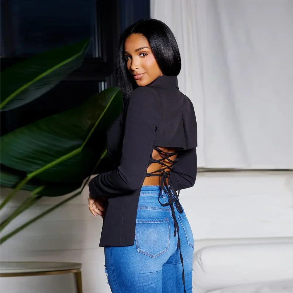 Women Suit Coat Single Button Lapel Deep V Neck Blazer Solid Color Formal Business