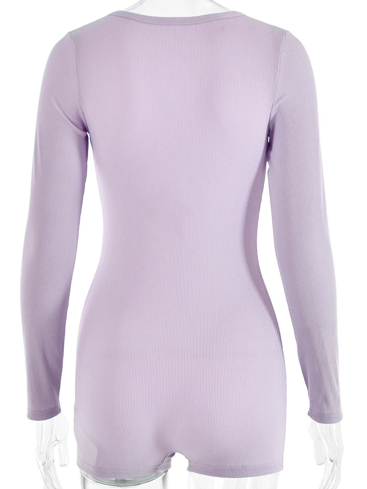 Sibybo Basics Ribbed Playsuit Casual Long Sleeves Button Top Fashion Solid Color High Waist Skinny Playsuit Autumn Women Clothes - Lena & Miles Exquisite Boutique LLC.