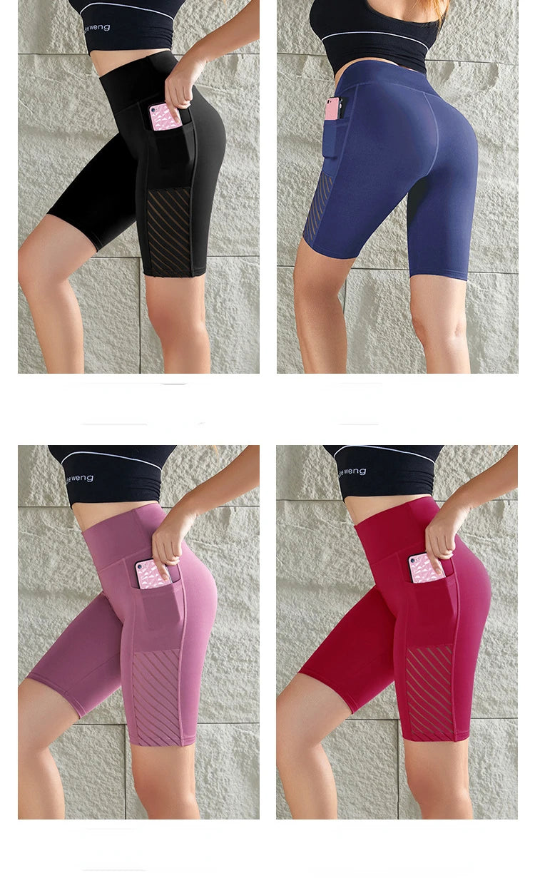 Women Mesh Shorts with Pocket Seamless Slim Leggings Gym Workout Sports Shorts