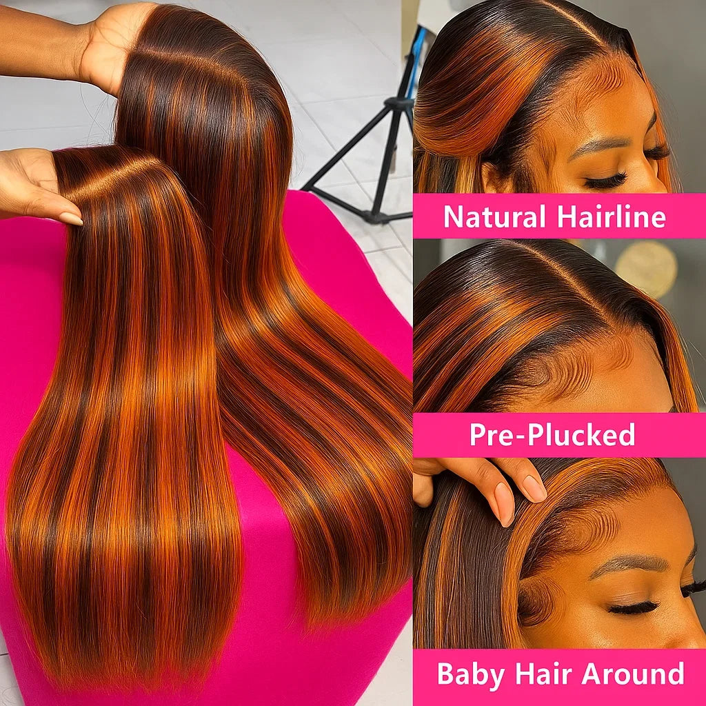 #4/350  Color Brown Mix Ginger Highlight Lace Closure Wig 5x5 Bone Straight Wear Go Glueless Wigs Human Hair Brazilain