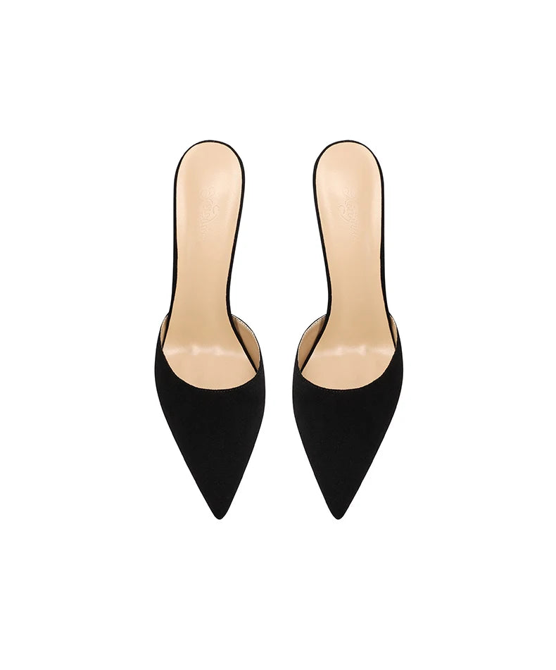 Black suede high-heeled slippers