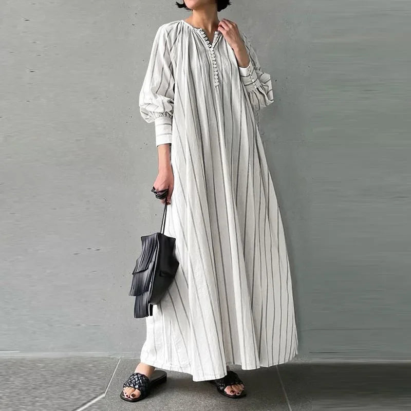 Women's 2024 Cotton Linen Stripe Round Neck Long Sleeve Simple Loose Long Pullover Dress Vintage Elegant Women's Dress Robe