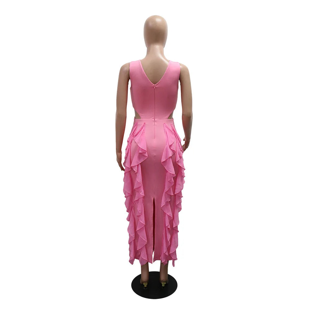 Summer New Sexy Hollow Out Bodycon Long Dress Women Deep V-neck Tassel