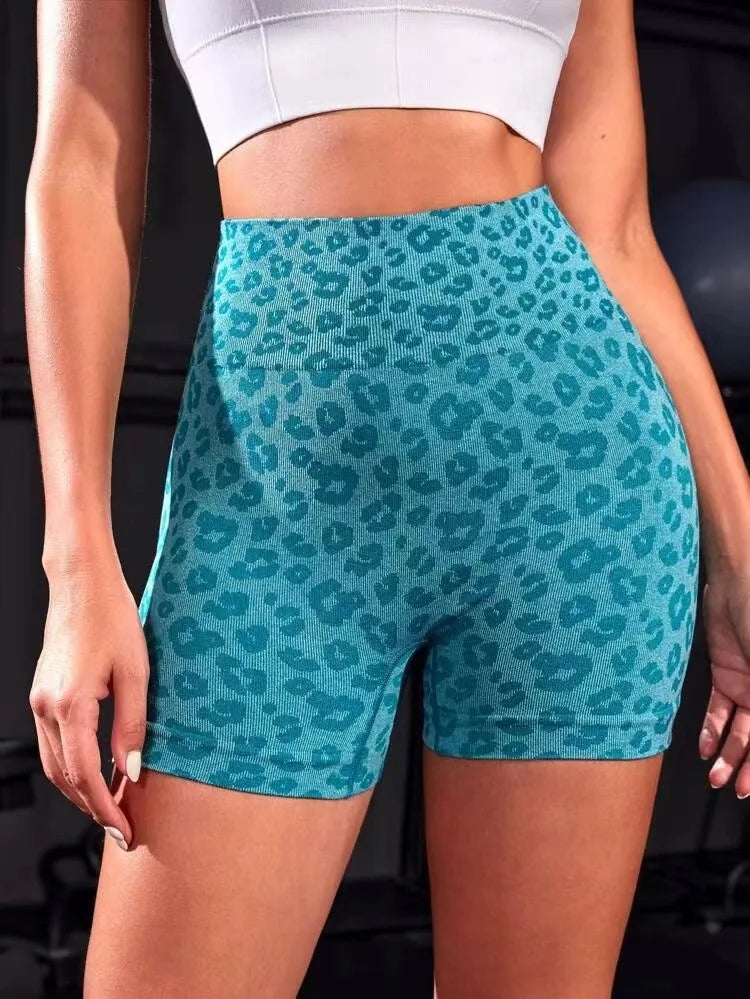 Leopard Print Pleated High Waisted and Hip Lifting Yoga Shorts for Women