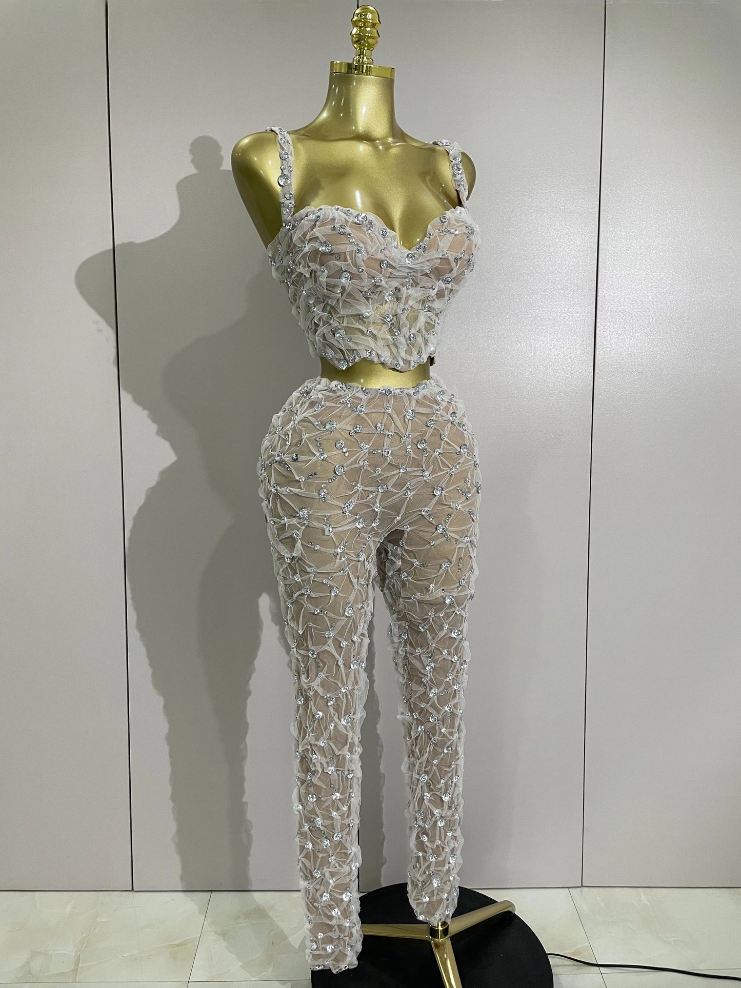 Sexy Sparkly Diamonds Splicing Lace Halter Top+Long Pants Two Piece Set Women Celebrate Birthday Dancer Nightclub Stage Costume