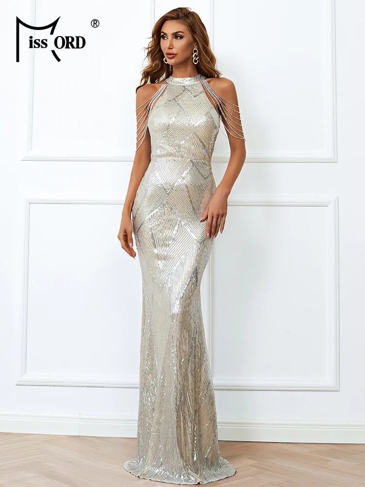 Missord Elegant Green Sequin Party Dress Women Halter Sleeveless Tassel Bodycon Wedding Prom Floor-Length Dresses Evening Gown