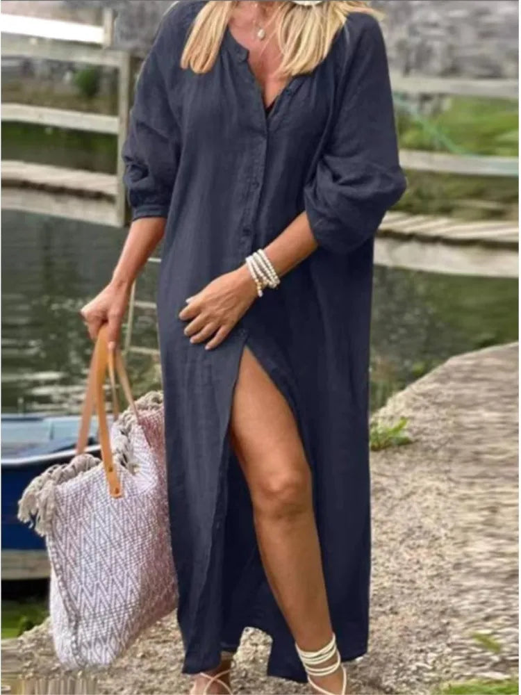 2024 Spring Cotton Linen Women's Long Buttons Shirt Dress V-neck White Dresses Female New Fashion Elegant Loose Ladies Clothes