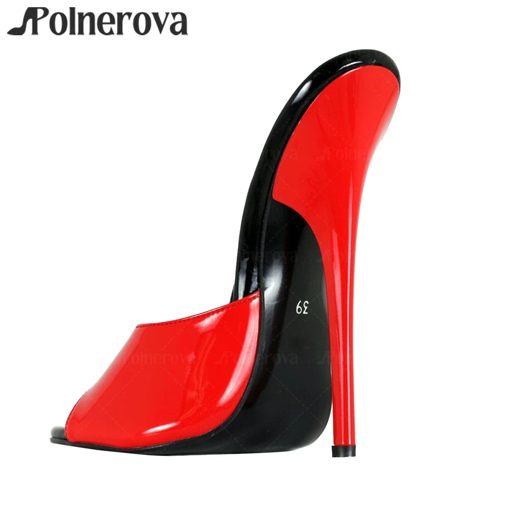 16cm Black Red Patent Leather Mules Sexy Slippers Lacquered Empire High Heel Summer Stilettos for Women