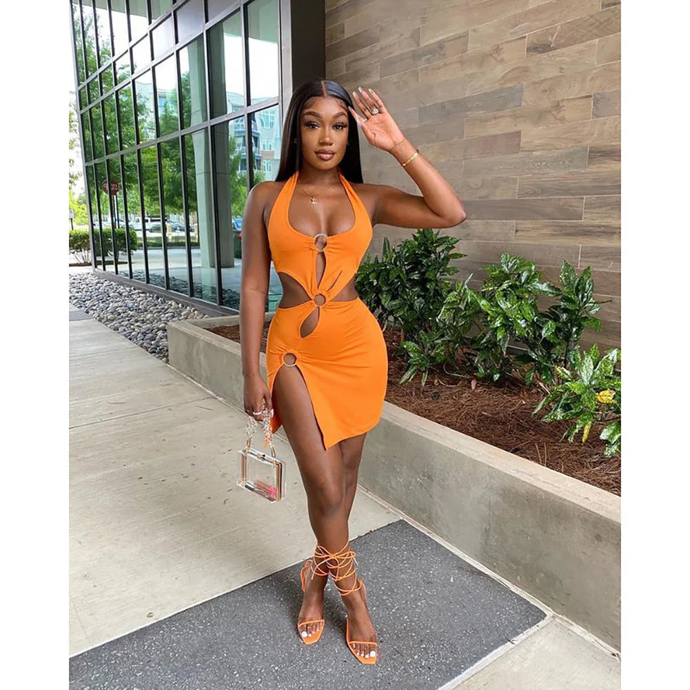 Silk solid color short skirt sexy sleeveless hollow out dress