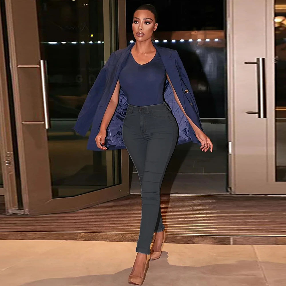 Stretch Skinny Denim Women's Jeans Mid Waist Pants Blue Retro Washed Elastic Slim Pencil