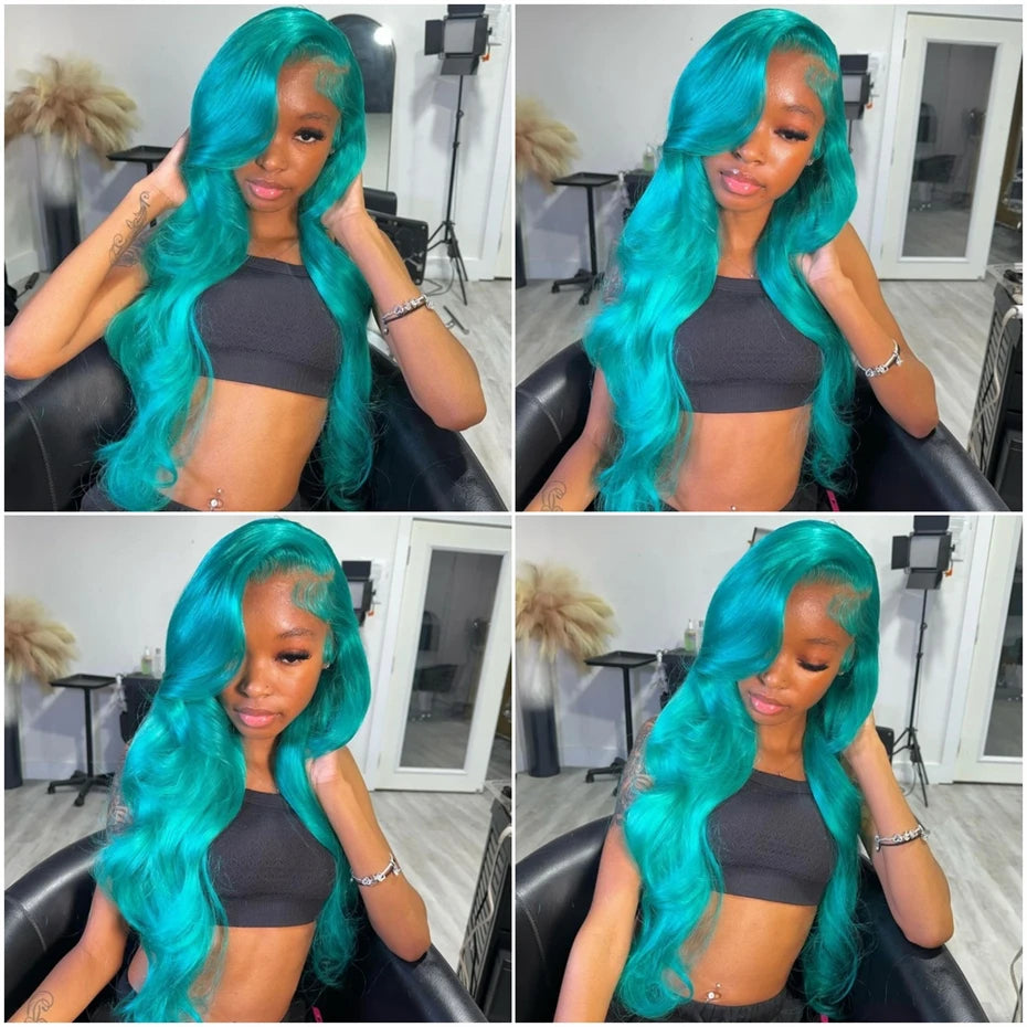 13x6 Teal Ocean Blue Lace Front Wig Human Hair Body Wave 613 Blonde Lace Frontal Wig Preplucked Mint Green Color Human Hair Wigs
