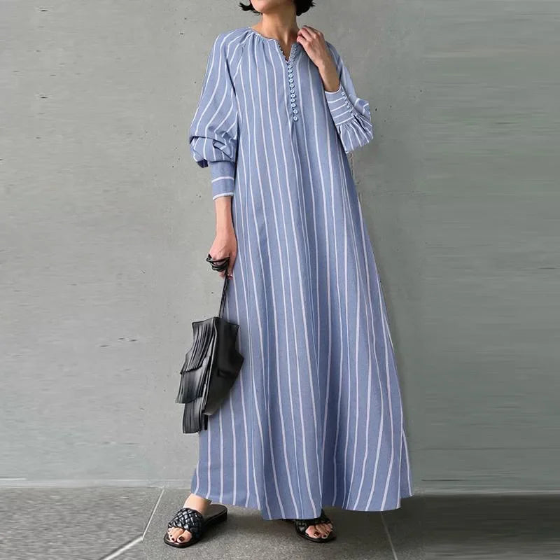 Women's 2024 Cotton Linen Stripe Round Neck Long Sleeve Simple Loose Long Pullover Dress Vintage Elegant Women's Dress Robe