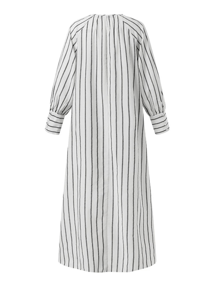 Women's 2024 Cotton Linen Stripe Round Neck Long Sleeve Simple Loose Long Pullover Dress Vintage Elegant Women's Dress Robe