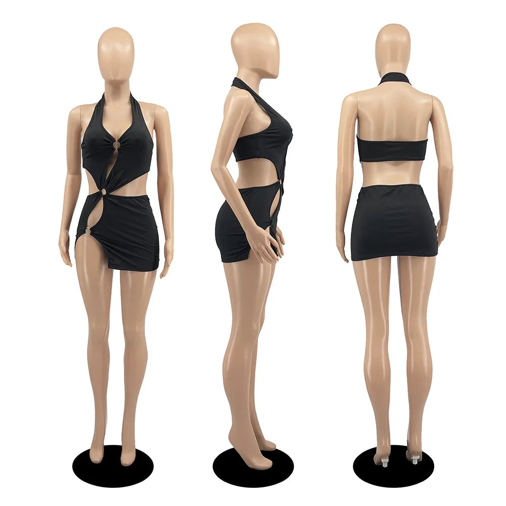 Silk solid color short skirt sexy sleeveless hollow out dress